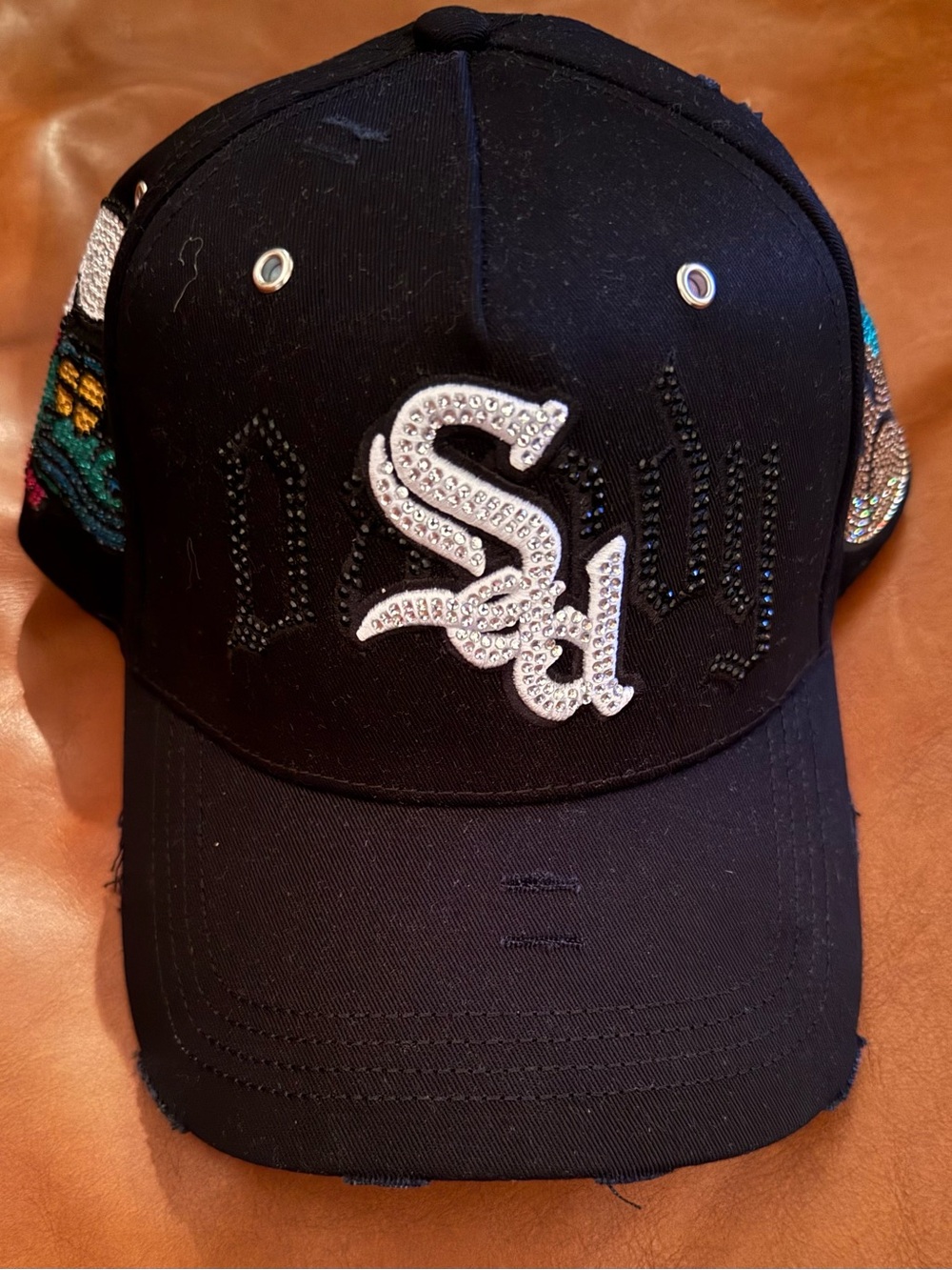 Black Embellished Baseball Cap with Crystal 'S' Logo